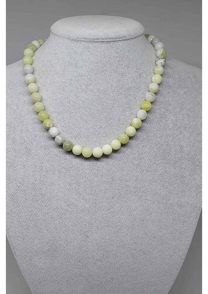 Peridot (Zebercet) Taşı Yeşil-Beyaz Alacalı Kolye 8mm (23115) (Klipsli)