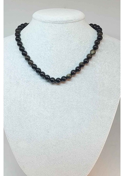 Golden & Siyah Obsidyen Taşı Kolye 8mm (Klipsli)