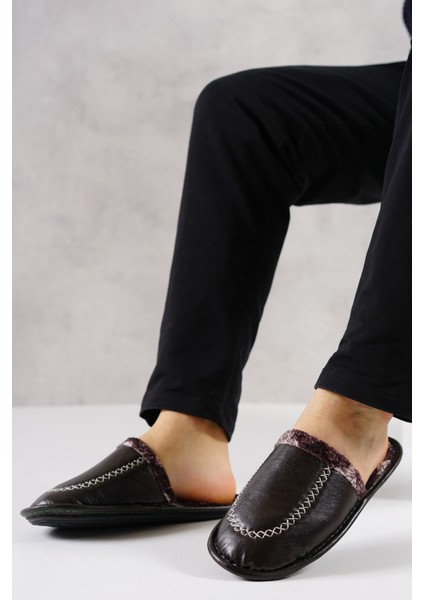 Erkek Ev Terliği Deri Görünümlü Kahverengi fiyatları