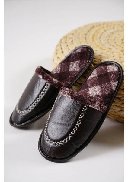 Erkek Ev Terliği Deri Görünümlü Kahverengi