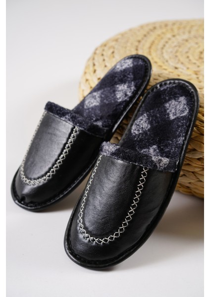 Erkek Ev Terliği Deri Görünümlü Siyah