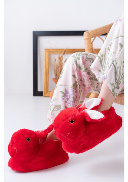 Tavşan Figürlü Kırmızı Peluş Panduf Ev Pandufu Unisex
