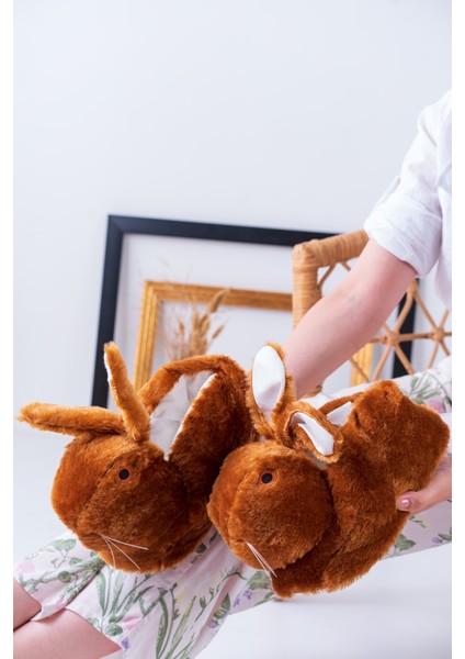 Tavşan Figürlü Taba Peluş Panduf Ev Pandufu Unisex