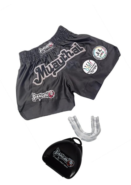 Muay Thai Federasyon Onaylı Nakışlı Maç Şortu ve Şeffaf Dişlik 2'li Set