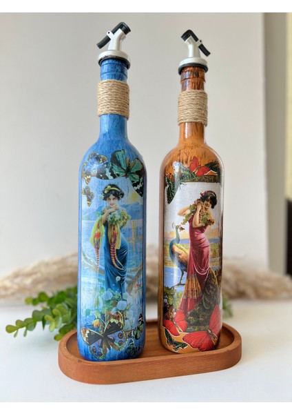 Özel Tasarım Kadın Figürlü Ahşap Stantlı 2'li 750 ml Zeytinyağı Sıvıyağ Şişesi Yağdanlık Yağlık