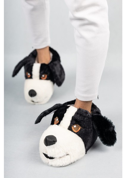 Köpek Figürlü Siyah Peluş Panduf Ev Pandufu Unisex