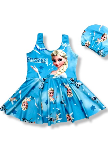 Kız Çocuk Mickey - Lol - Elsa - Frozen - Sophia Desen Etekli Mayo Takım Bone Hediyeli