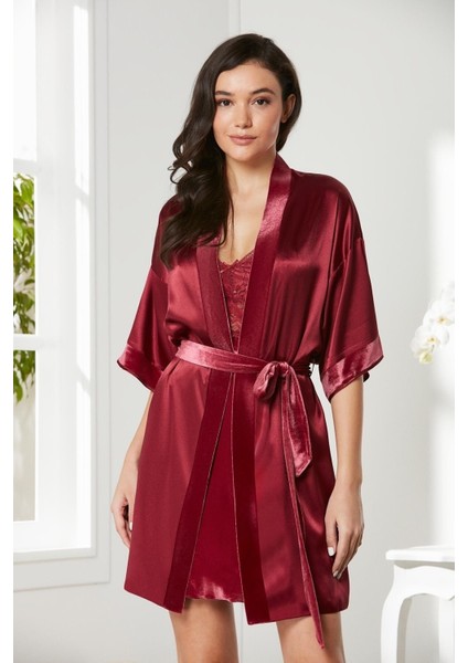Kadife Saten Dantelli Gecelik ve Sabahlık Takımı - 4045