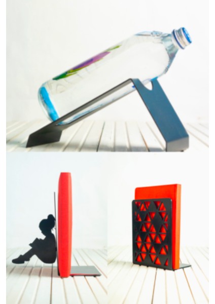 Dekoratif Metal Kitap Tutacağı - Şişelik - Geometrik Desenli Kitap Tutacağı - 3'lü Set