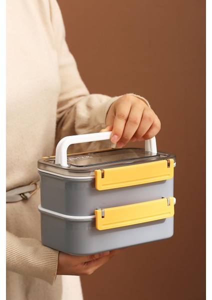 Bento Lunch Box Ofis-Okul Için Yeni Nesil Sefer Tası Çift Kat 3 Bölme Paslanmaz Çelik F494