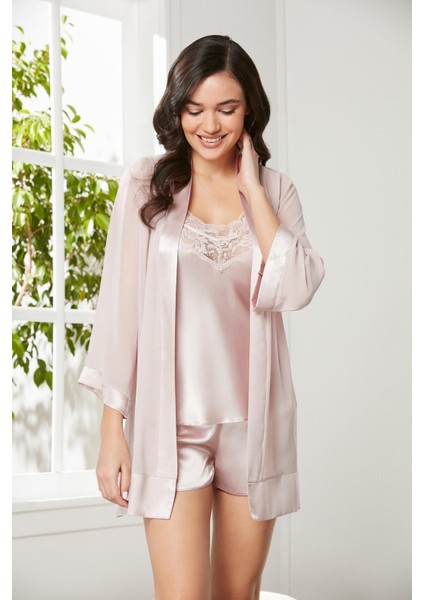 3'lü Saten Dantelli Şort ve Şifon Dantelli Sabahlık Takımı 2475