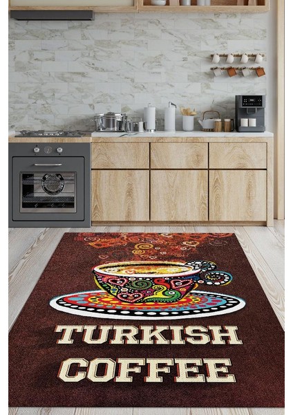 Türk Kahvesi Kahverengi Halı Etnik Desenli Mutfak Halısı Kahve Figürlü Sanatsal Halı fiyatları