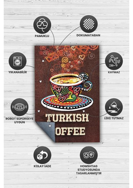 Türk Kahvesi Kahverengi Halı Etnik Desenli Mutfak Halısı Kahve Figürlü Sanatsal Halı fırsatları