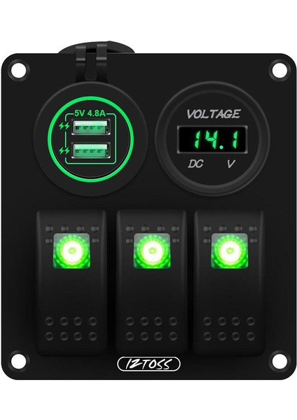 3 Çete Anahtarı Paneli 12V-24V Voltmetre 4.8A USB Şarj Cihazı Su Geçirmez Yeşil (Yurt Dışından)