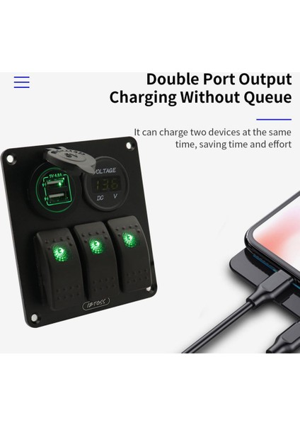 3 Çete Anahtarı Paneli 12V-24V Voltmetre 4.8A USB Şarj Cihazı Su Geçirmez Yeşil (Yurt Dışından)