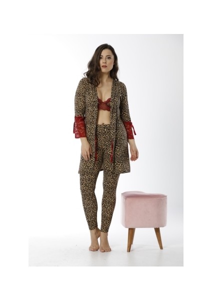Kadın Büstiyerli Sabahlıklı 3'lü Pijama Takım