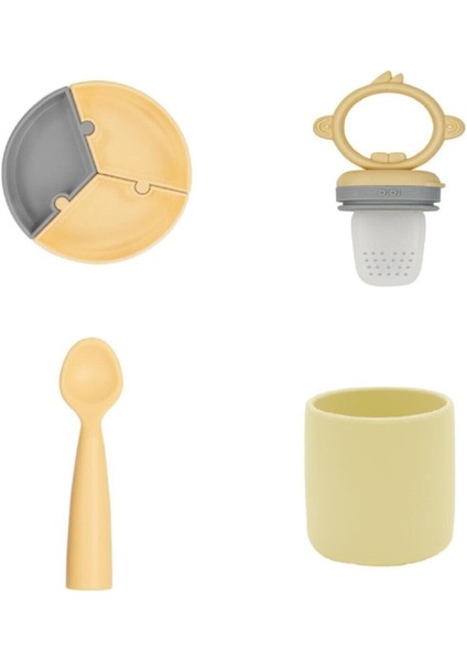 Sarı Beslenme Seti Vakumlu Puzzle Tabak + Kaşık + Bardak + Meyve Sebze Emziği- Süzgeci Silikon