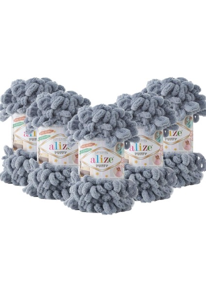 Puffy El Örgü Ipliği 5'li Paket - 428 Orta Gri - 100 Gr. 9 Mt. Parmak Örgü Ipi