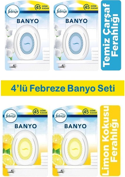 Banyo Hava Ferahlatıcı Oda Kokusu 4'lü (2x Temiz Çarşaf Ferahlığı, 2x Limon Kokusu Ferahlığ