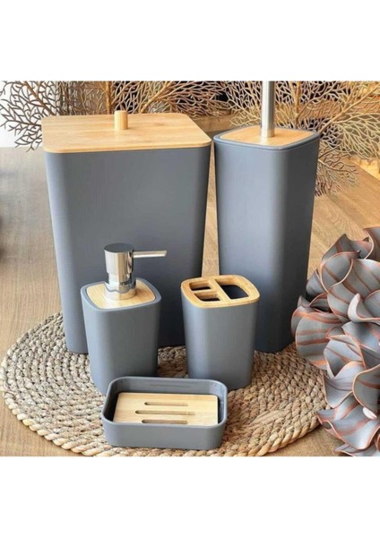 Mostar 5 Parça Bambu Kapaklı Akrilik Gri Banyo Seti