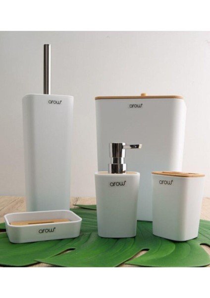 Mostar 5 Parça Bambu Kapaklı Akrilik Beyaz Banyo Seti