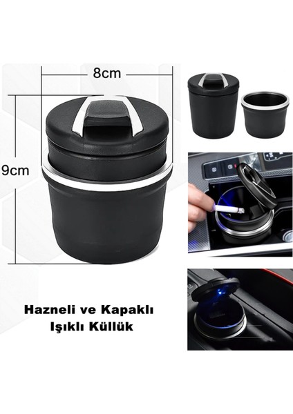 Araç ve Ev Orjinal Işıklı Küllük Kapaklı Model Hazneli Profesyonel Işıklı Küllük