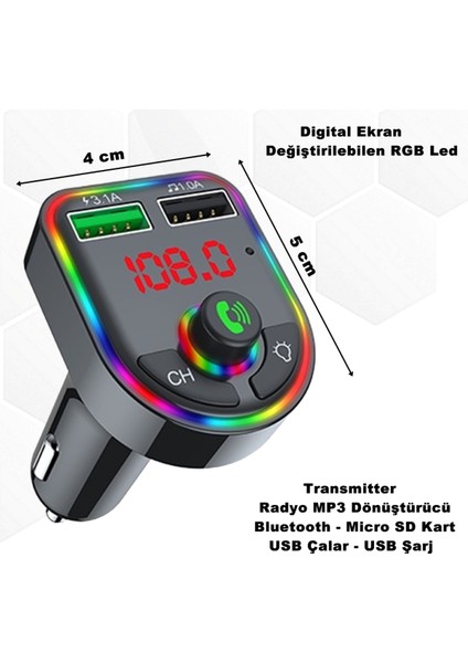 Çakmaklık Rgb Işıklı Radyo Mp3 Dönüştürücü Transmitter Bluetooth-Micro Sd Kart-Usb Çalar - USB Şarj