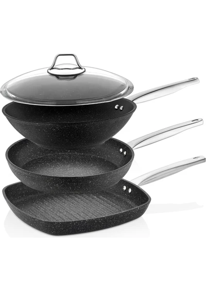 Casa Milano Black Line 28 cm 4 parça tava seti
(28 kare+28 wok+28 tava+cam kapak)