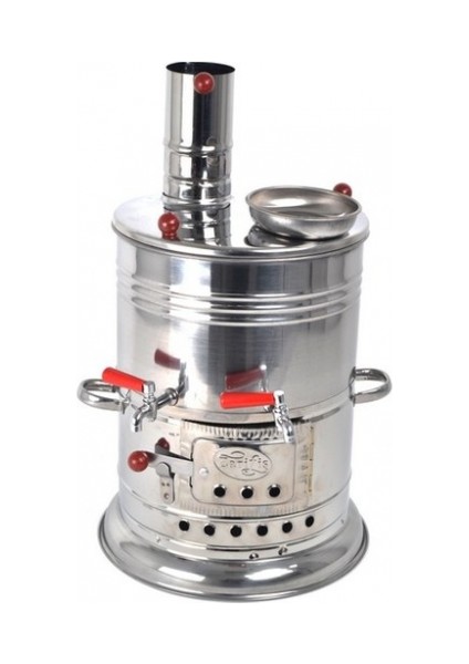Semaver Çift Musluklu Krom Piknik Semaveri Odunlu Büyük Boy Kömürlü Semaver 8 Litre