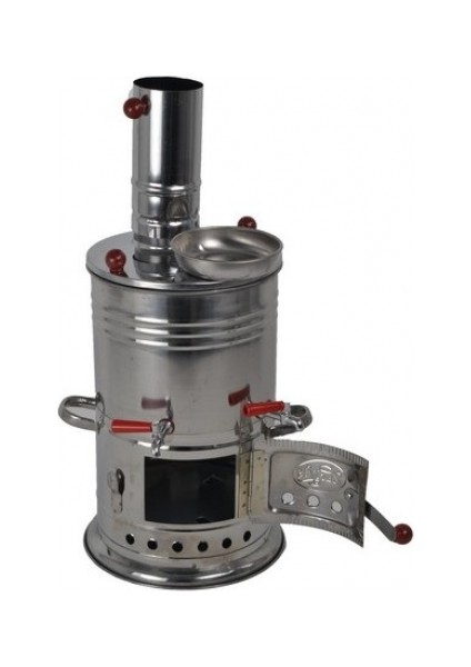 Semaver Çift Musluklu Krom Piknik Semaveri Odunlu Büyük Boy Kömürlü Semaver 3,5 Litre