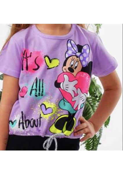 Kız Çocuk Crop Top Simli Kordon Detaylı Tayt Tshirt Takım Mor Neon Pembe Mickey Kalp Baskı Desen