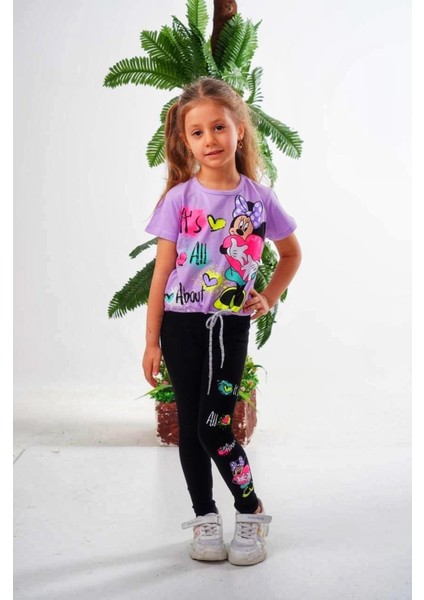 Kız Çocuk Crop Top Simli Kordon Detaylı Tayt Tshirt Takım Mor Neon Pembe Mickey Kalp Baskı Desen