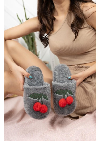 Kadın Ev Terliği Kirazlı Ev Terliği Kışlık Terlik Misafir Terliği Tüylü Terlik