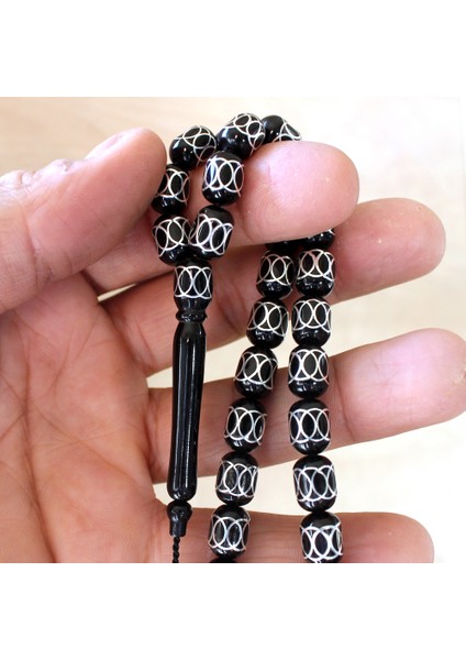 Koleksiyonluk Erzurum Oltu Taşı Tesbih Gümüş İşlemeli Tesbih 8x12 mm