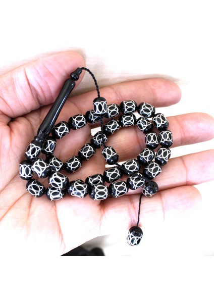Koleksiyonluk Erzurum Oltu Taşı Tesbih Gümüş İşlemeli Tesbih 8x12 mm