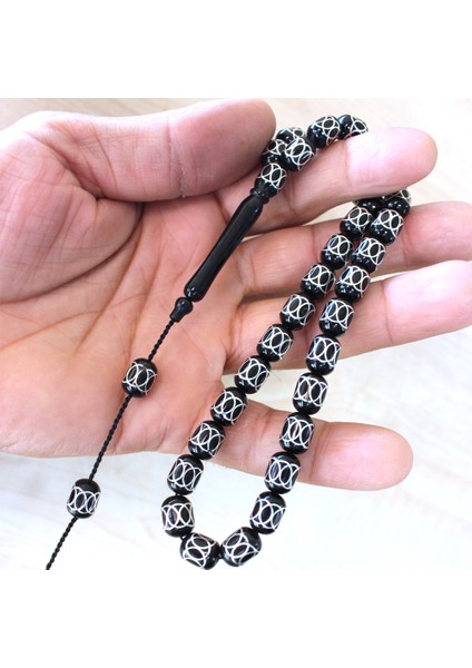 Koleksiyonluk Erzurum Oltu Taşı Tesbih Gümüş İşlemeli Tesbih 8x12 mm