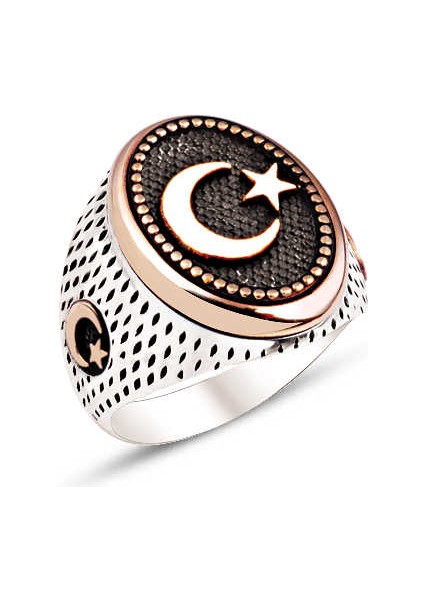 Gümüş Üstü ve Yanları Ay Yıldız Motifli Yüzük