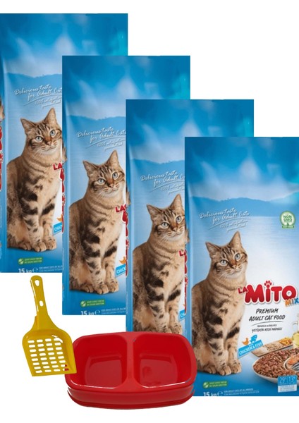 Mix Adult Cat Tavuklu ve Balıklı Renkli Taneli Kedi Maması 1kg x 4 Adet + Kürek + Mamalık