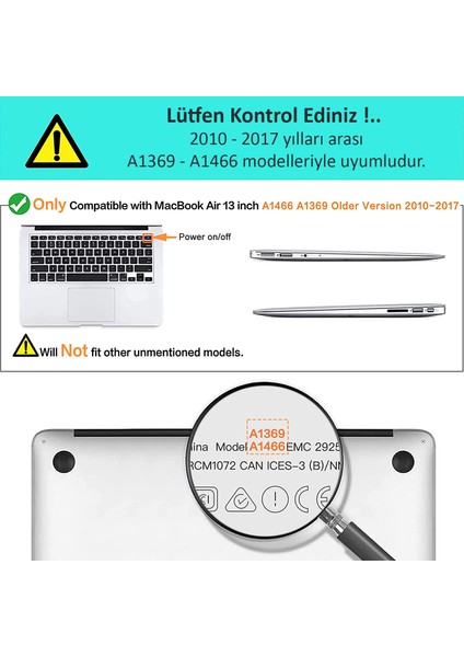 MacBook Air 13 A1466 A1369 2010 2017 Uyumlu Kılıf Kapak Şeffaf Parlak Koruyucu Kılıf