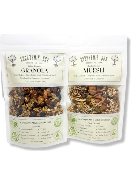 Bol Kuru Meyveli ve Çekirdekli Vegan Şekersiz Granola ve Müsli 2 x 240 gr Kahvaltılık Gevrek Seti Sağlıklı Kahvaltı Beslenme Yüksek Lif Protein Kaynağı Vegan Şekersiz