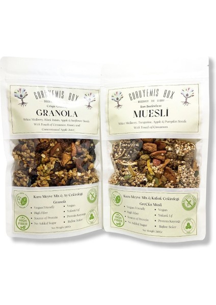 Bol Kuru Meyveli ve Çekirdekli Vegan Şekersiz Granola ve Müsli 2 x 240 gr Kahvaltılık Gevrek Seti Sağlıklı Kahvaltı Beslenme Yüksek Lif Protein Kaynağı Vegan Şekersiz