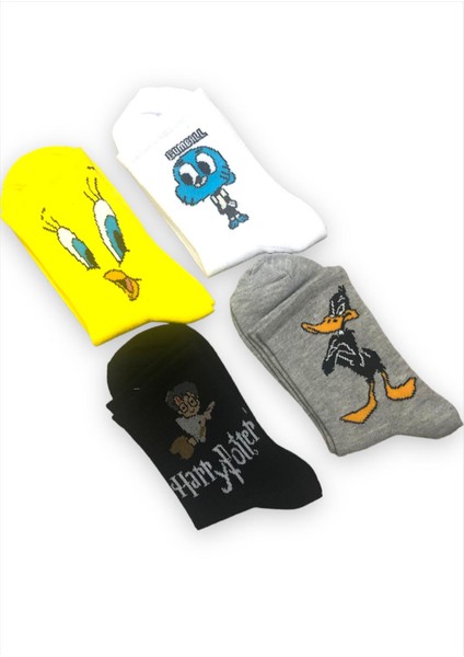 Renkli 4 Çift Desenli Fitilli Kolej Çorap Seti