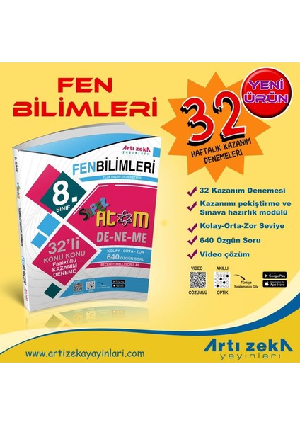 Artı Zeka Yayınları 8. Sınıf Süper Atom Fen Bilimleri 32 Fasikül Kazanım Deneme