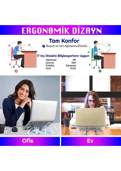 6 Ayarlanabilir Kademeli Masaüstü Alüminyum Ergonomik Kaydırmaz Macbook Notebook Standı