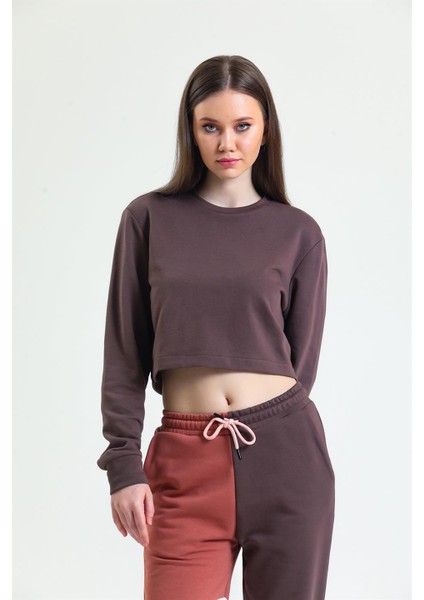 Kahverengi Bisiklet Yaka Crop Sweatshirt