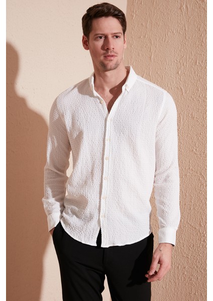 Pamuklu Çizgili Düğmeli Yaka Uzun Kollu Regular Fit Gömlek Erkek GÖMLEK CF23S112237