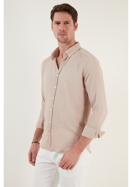 Pamuklu Çizgili Düğmeli Yaka Uzun Kollu Regular Fit Gömlek Erkek GÖMLEK CF23S112237 fırsatları