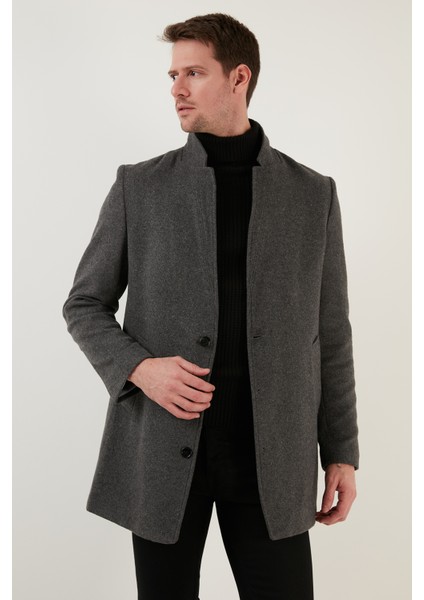 Slim Fit Tek Yırtmaçlı Dik Yaka Kaşe Kaban Erkek Kaban 6440401