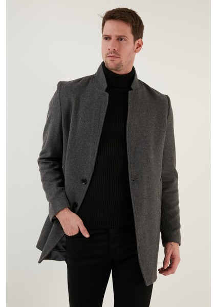 Slim Fit Tek Yırtmaçlı Dik Yaka Kaşe Kaban Erkek Kaban 6440401 fırsatları