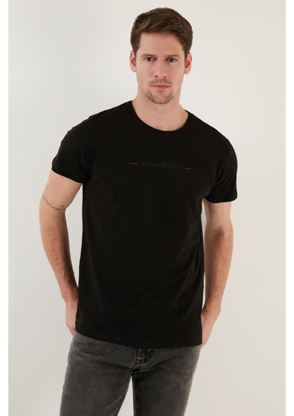 Yazı Baskılı Bisiklet Yaka Pamuk Slim Fit T Shirt Erkek T Shirt 541WIND